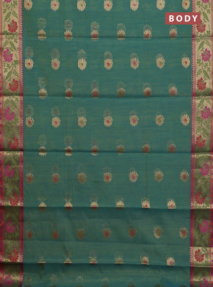 Banarasi semi dupion silk saree teal bluish green and pink with zari woven floral buttas and zari woven floral paithani style border