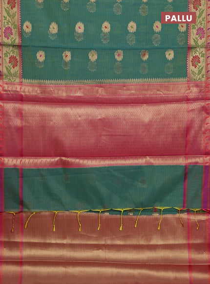 Banarasi semi dupion silk saree teal bluish green and pink with zari woven floral buttas and zari woven floral paithani style border
