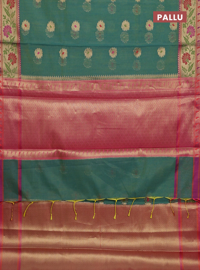 Banarasi semi dupion silk saree teal bluish green and pink with zari woven floral buttas and zari woven floral paithani style border