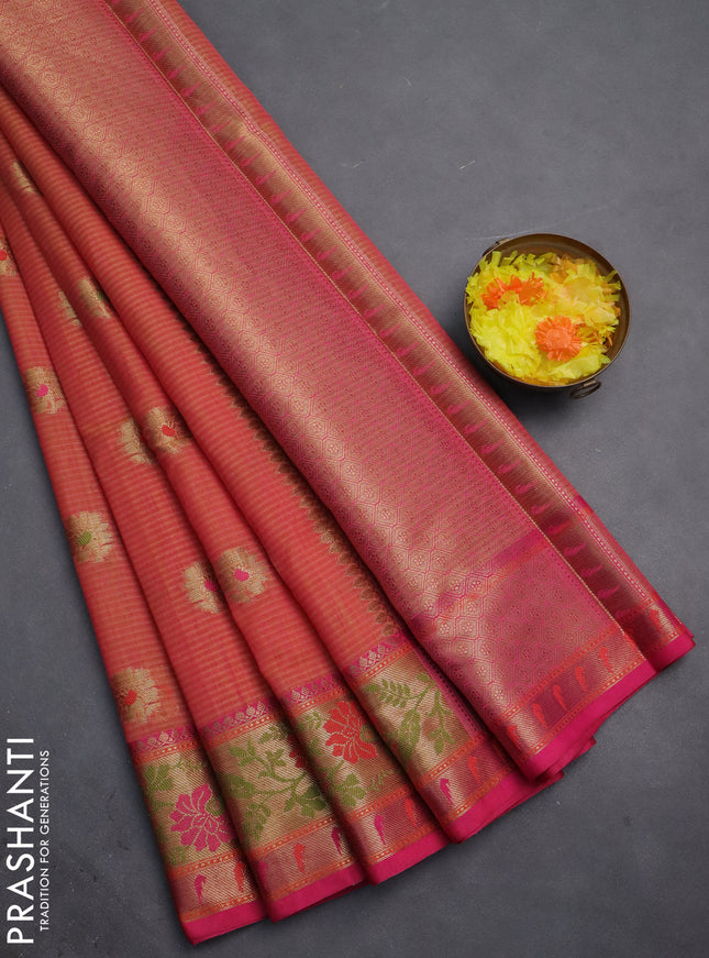 Banarasi semi dupion silk saree pinkish orange and pink with zari woven floral buttas and zari woven floral paithani style border