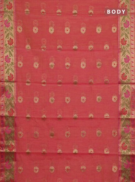 Banarasi semi dupion silk saree pinkish orange and pink with zari woven floral buttas and zari woven floral paithani style border