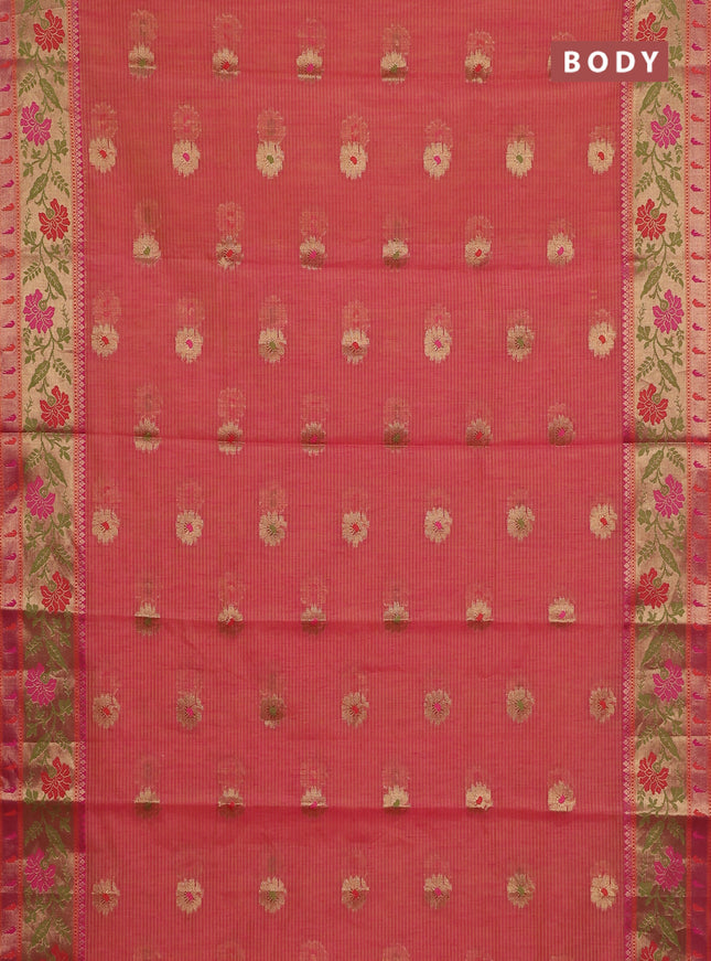Banarasi semi dupion silk saree pinkish orange and pink with zari woven floral buttas and zari woven floral paithani style border