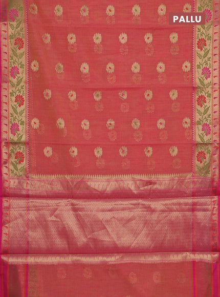 Banarasi semi dupion silk saree pinkish orange and pink with zari woven floral buttas and zari woven floral paithani style border