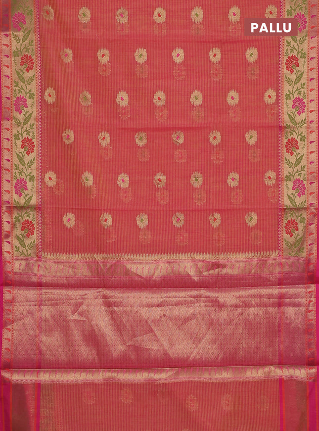 Banarasi semi dupion silk saree pinkish orange and pink with zari woven floral buttas and zari woven floral paithani style border
