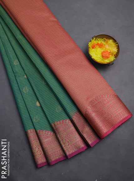 Banarasi semi dupion silk saree teal bluish green and pink with zari woven paisley buttas and zari woven border