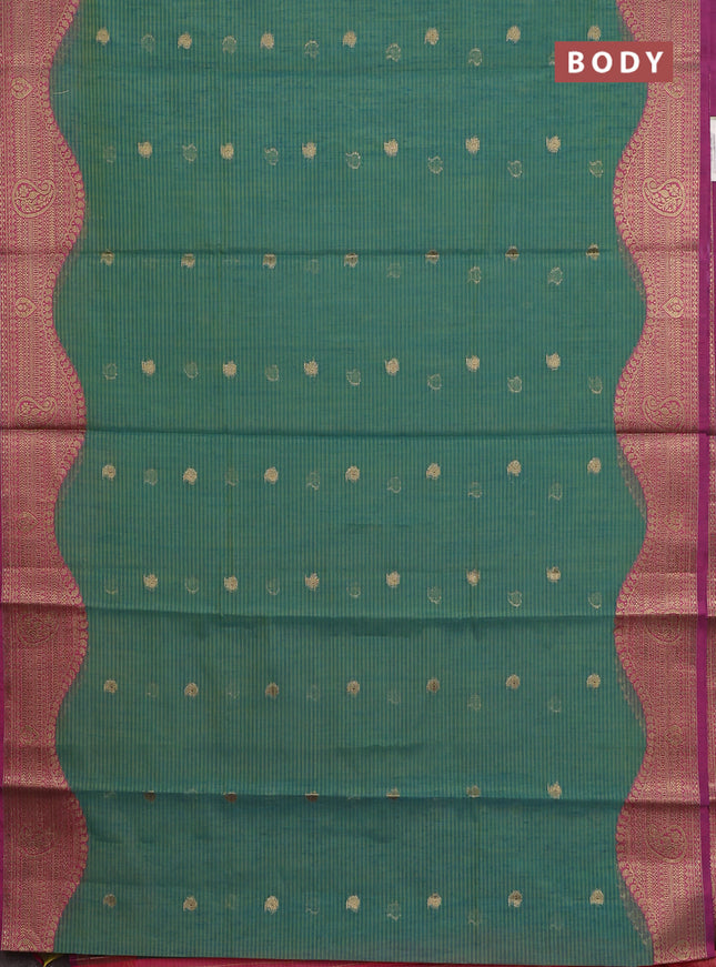 Banarasi semi dupion silk saree teal bluish green and pink with zari woven paisley buttas and zari woven border
