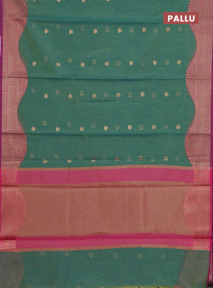 Banarasi semi dupion silk saree teal bluish green and pink with zari woven paisley buttas and zari woven border
