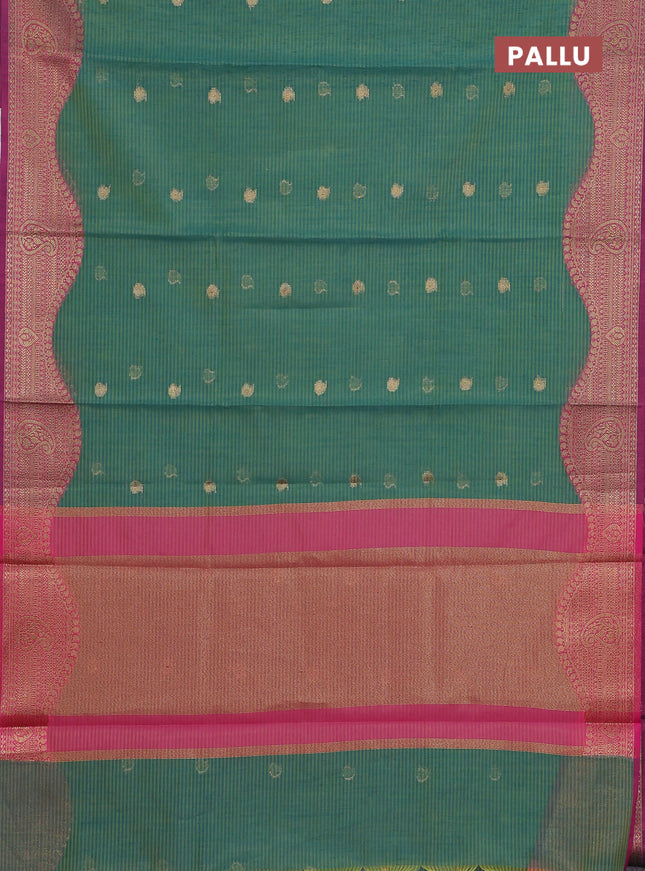 Banarasi semi dupion silk saree teal bluish green and pink with zari woven paisley buttas and zari woven border