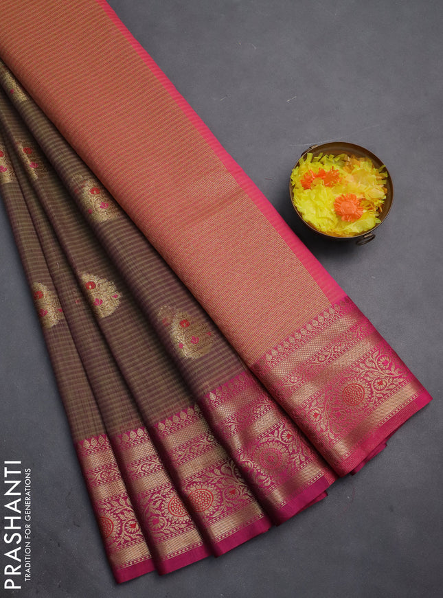 Banarasi semi dupion silk saree dual shade of greenish purple and pink with zari woven buttas and zari woven border