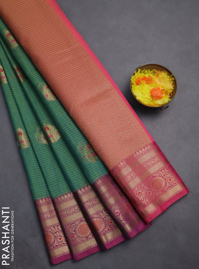 Banarasi semi dupion silk saree dual shade of teal bluish green and pink with zari woven buttas and zari woven border