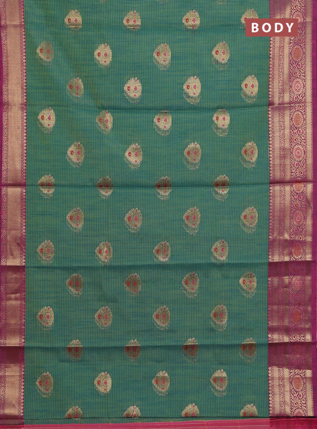 Banarasi semi dupion silk saree dual shade of teal bluish green and pink with zari woven buttas and zari woven border