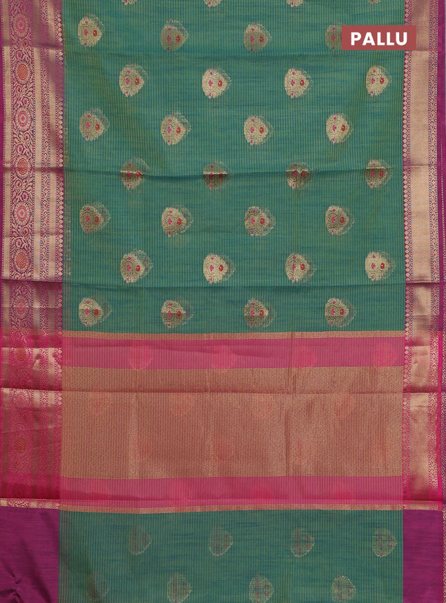 Banarasi semi dupion silk saree dual shade of teal bluish green and pink with zari woven buttas and zari woven border