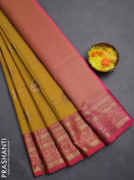 Banarasi semi dupion silk saree mustard yellow and pink with zari woven buttas and zari woven border