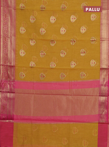 Banarasi semi dupion silk saree mustard yellow and pink with zari woven buttas and zari woven border