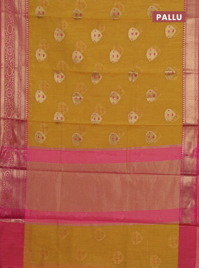 Banarasi semi dupion silk saree mustard yellow and pink with zari woven buttas and zari woven border