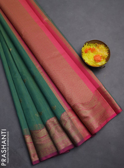 Banarasi semi dupion silk saree teal bluish green and pink with zari woven paisley buttas and zari woven border