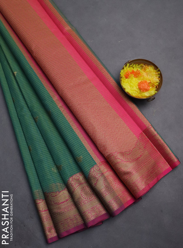Banarasi semi dupion silk saree teal bluish green and pink with zari woven paisley buttas and zari woven border