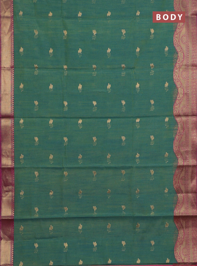 Banarasi semi dupion silk saree teal bluish green and pink with zari woven paisley buttas and zari woven border