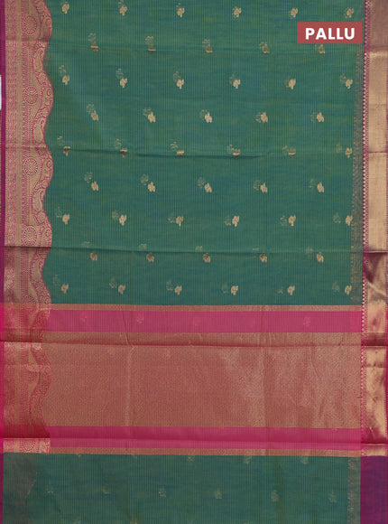 Banarasi semi dupion silk saree teal bluish green and pink with zari woven paisley buttas and zari woven border