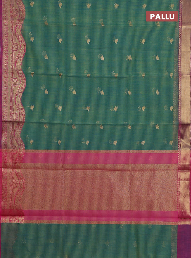 Banarasi semi dupion silk saree teal bluish green and pink with zari woven paisley buttas and zari woven border