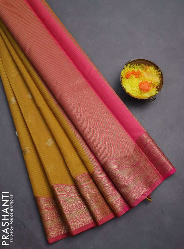 Banarasi semi dupion silk saree mustard yellow and pink with zari woven paisley buttas and zari woven border