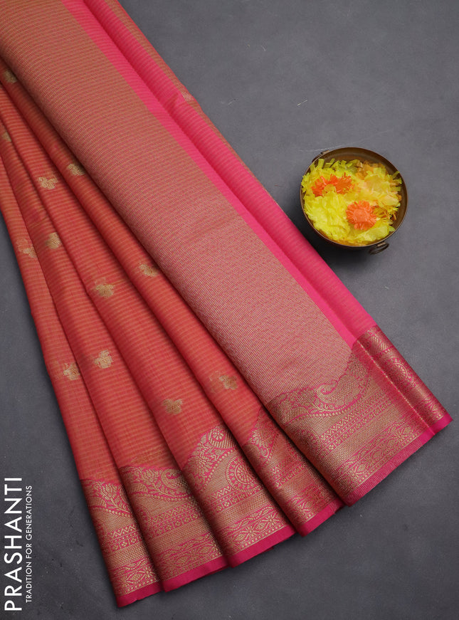 Banarasi semi dupion silk saree dual shade of pinkish yellow and pink with zari woven paisley buttas and zari woven border