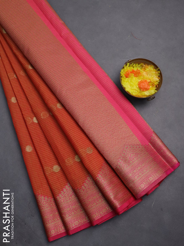 Banarasi semi dupion silk saree sunset orange and pink with zari woven buttas and zari woven border