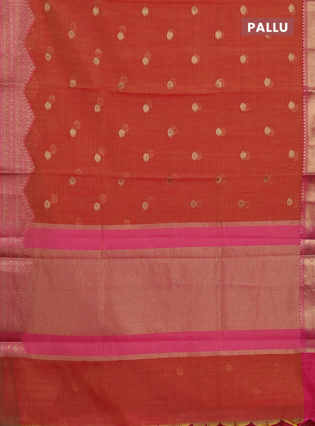 Banarasi semi dupion silk saree sunset orange and pink with zari woven buttas and zari woven border