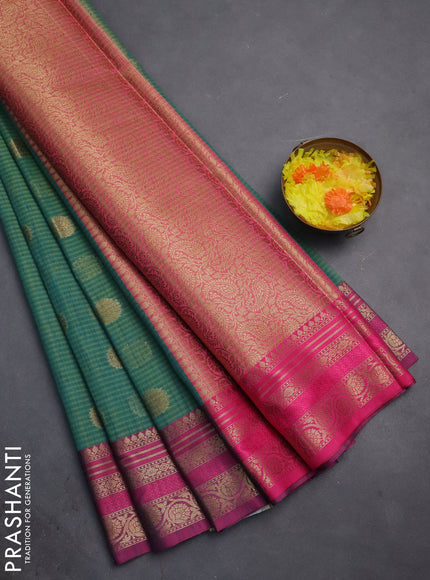 Banarasi semi dupion silk saree teal bluish green and pink with zari woven buttas and zari woven border
