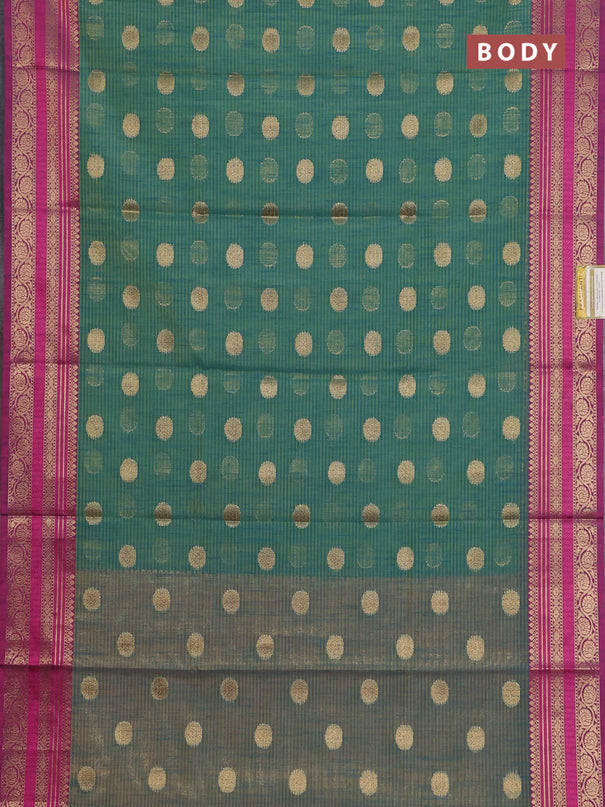 Banarasi semi dupion silk saree teal bluish green and pink with zari woven buttas and zari woven border