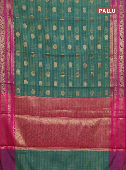 Banarasi semi dupion silk saree teal bluish green and pink with zari woven buttas and zari woven border