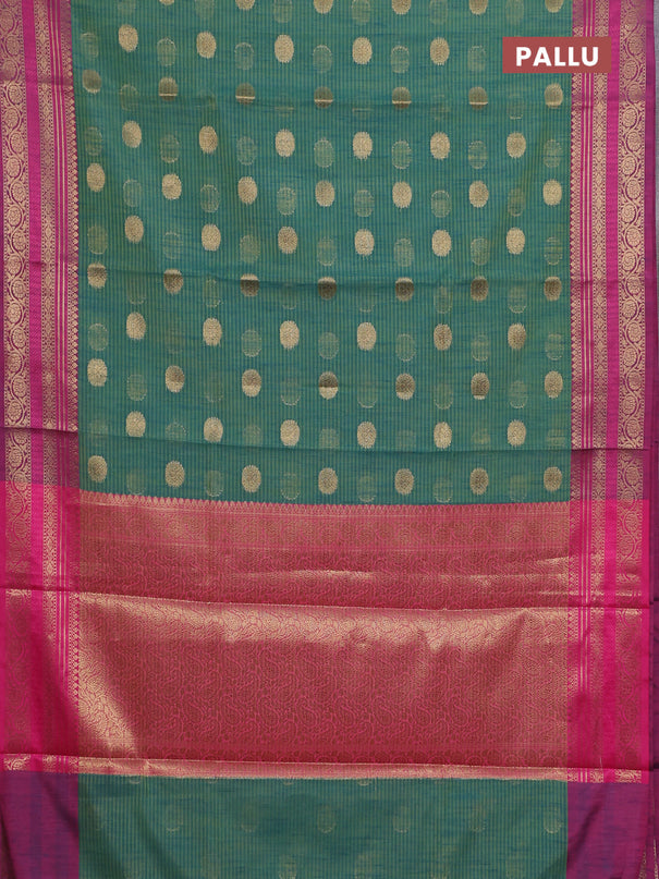 Banarasi semi dupion silk saree teal bluish green and pink with zari woven buttas and zari woven border