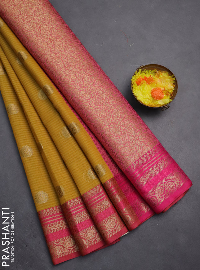 Banarasi semi dupion silk saree mustard yellow and pink with zari woven buttas and zari woven border