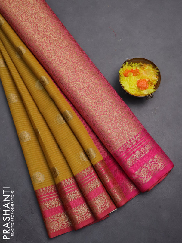 Banarasi semi dupion silk saree mustard yellow and pink with zari woven buttas and zari woven border