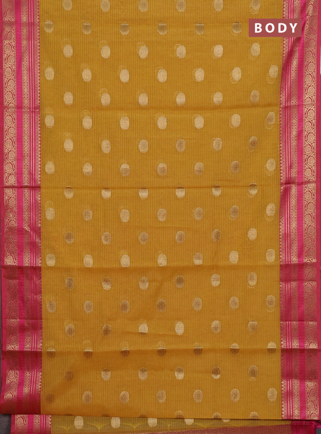 Banarasi semi dupion silk saree mustard yellow and pink with zari woven buttas and zari woven border