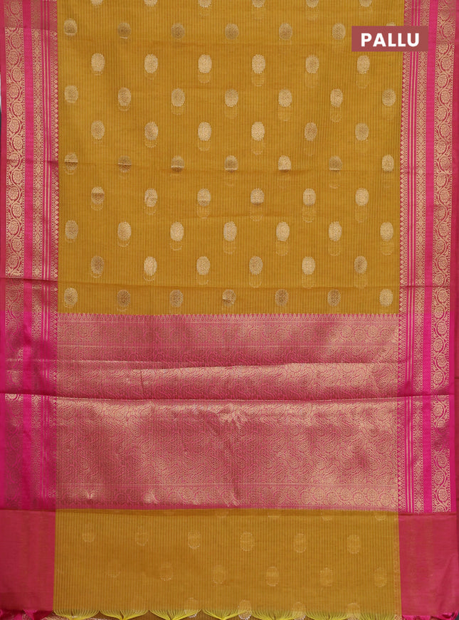 Banarasi semi dupion silk saree mustard yellow and pink with zari woven buttas and zari woven border
