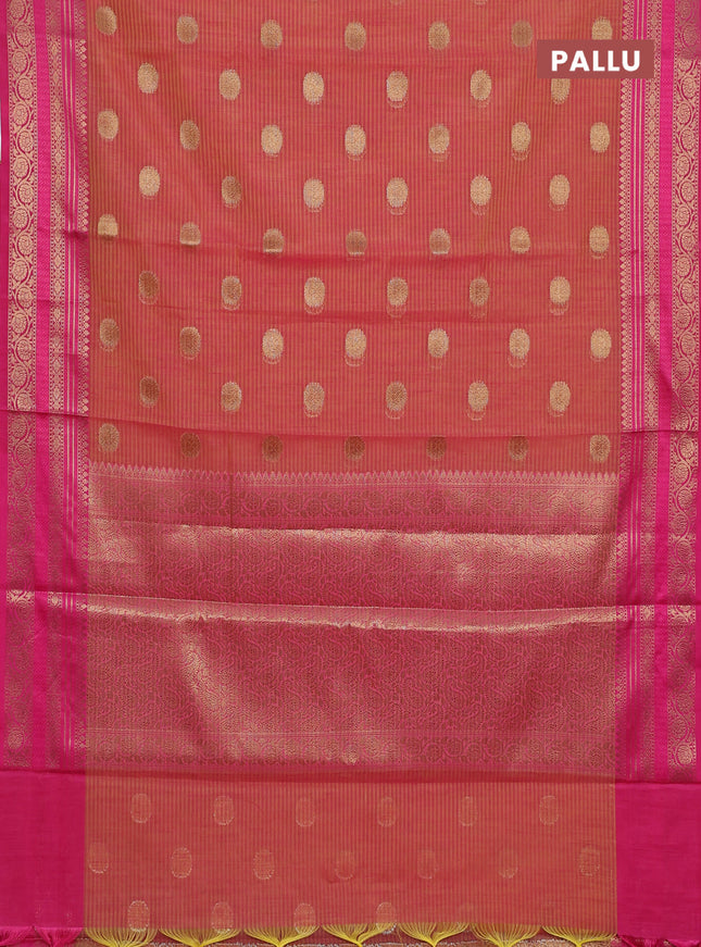 Banarasi semi dupion silk saree dual shade of yellowish pink and pink with zari woven buttas and zari woven border