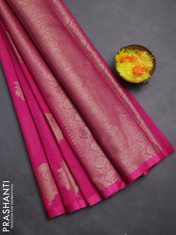 Banarasi semi dupion silk saree candy pink with floral zari woven buttas and thread woven border