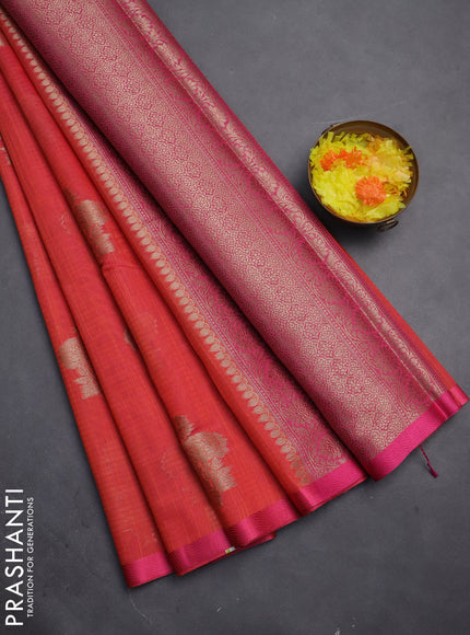 Banarasi semi dupion silk saree pinkish orange and pink with floral zari woven buttas and thread woven border