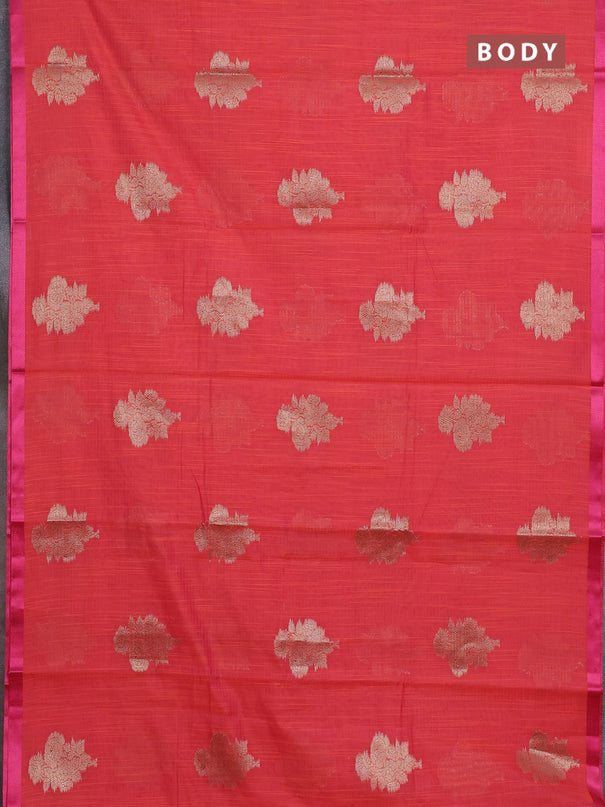 Banarasi semi dupion silk saree pinkish orange and pink with floral zari woven buttas and thread woven border