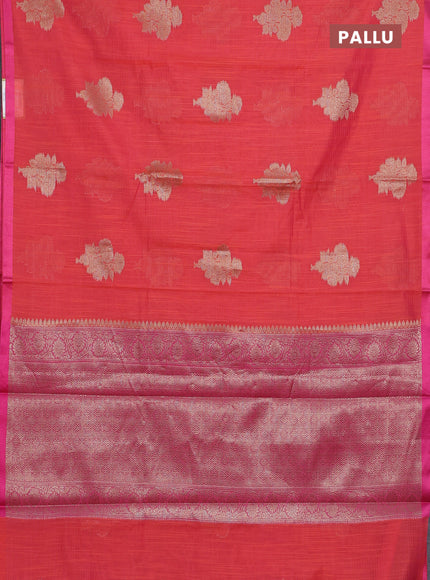 Banarasi semi dupion silk saree pinkish orange and pink with floral zari woven buttas and thread woven border