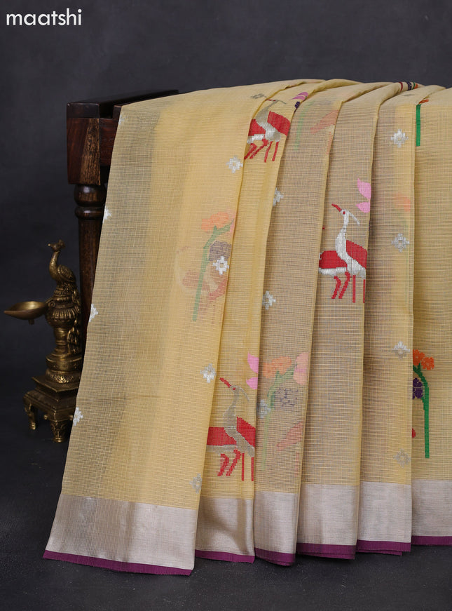 Pure zari kota silk saree beige and purple with silver zari woven buttas and silver zari woven border