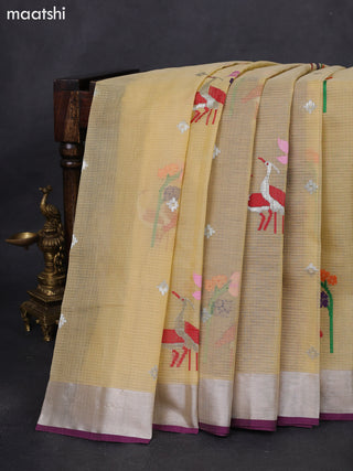 Pure zari kota silk saree beige and purple with silver zari woven buttas and silver zari woven border