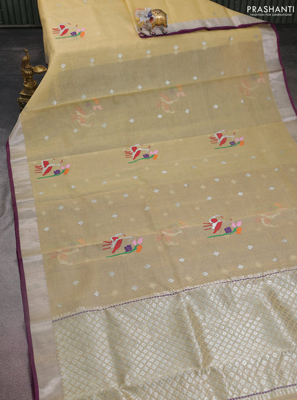 Pure zari kota silk saree beige and purple with silver zari woven buttas and silver zari woven border