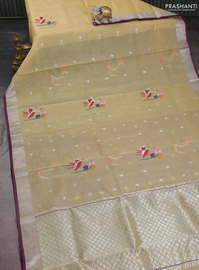 Pure zari kota silk saree beige and purple with silver zari woven buttas and silver zari woven border