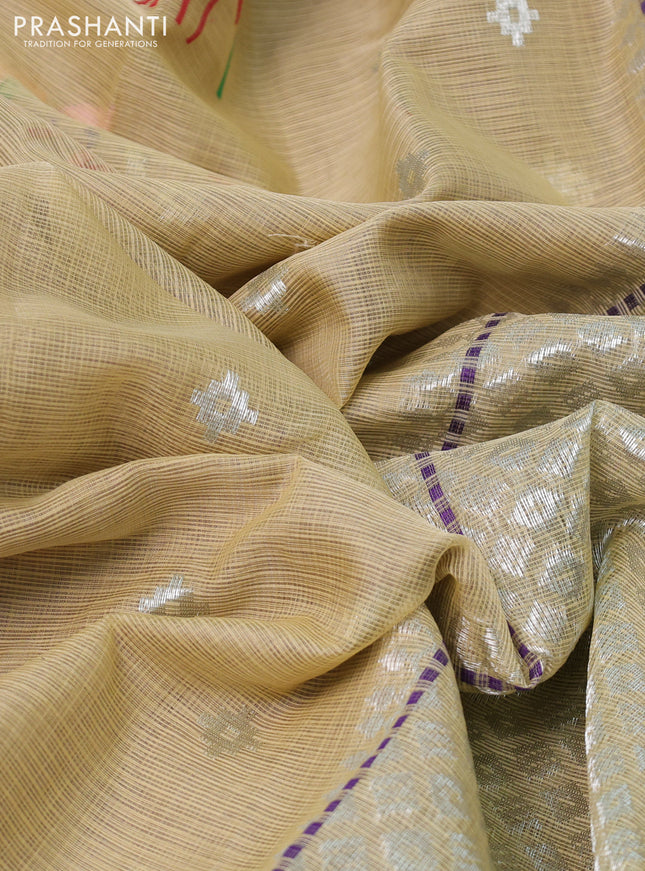 Pure zari kota silk saree beige and purple with silver zari woven buttas and silver zari woven border