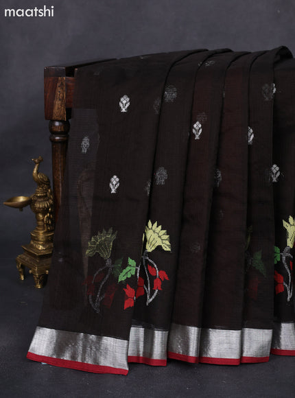 Pure zari kota silk saree deep coffee brown and rust shade with silver zari woven buttas and silver zari woven border