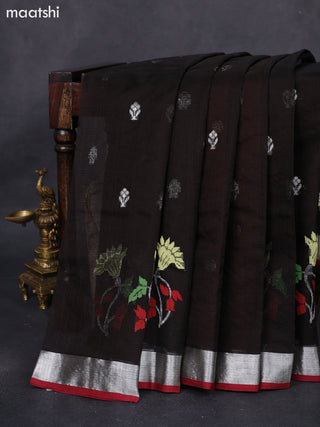 Pure zari kota silk saree deep coffee brown and rust shade with silver zari woven buttas and silver zari woven border