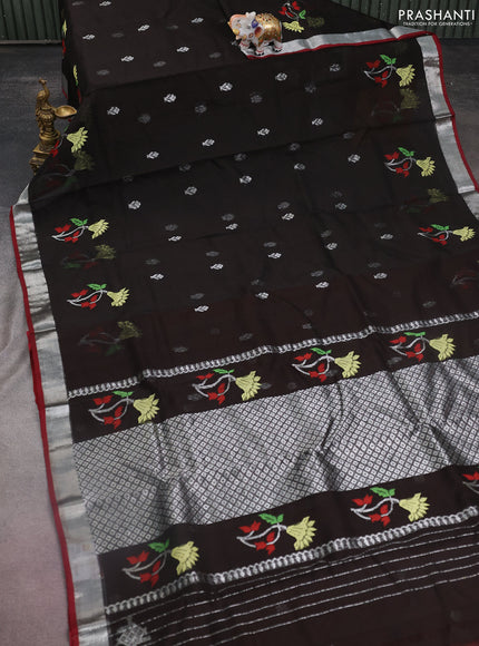 Pure zari kota silk saree deep coffee brown and rust shade with silver zari woven buttas and silver zari woven border