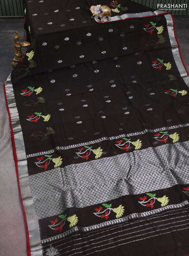 Pure zari kota silk saree deep coffee brown and rust shade with silver zari woven buttas and silver zari woven border